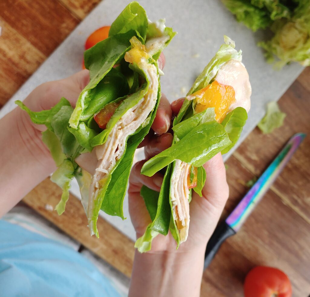 separated lettuce wrap sandwich halves