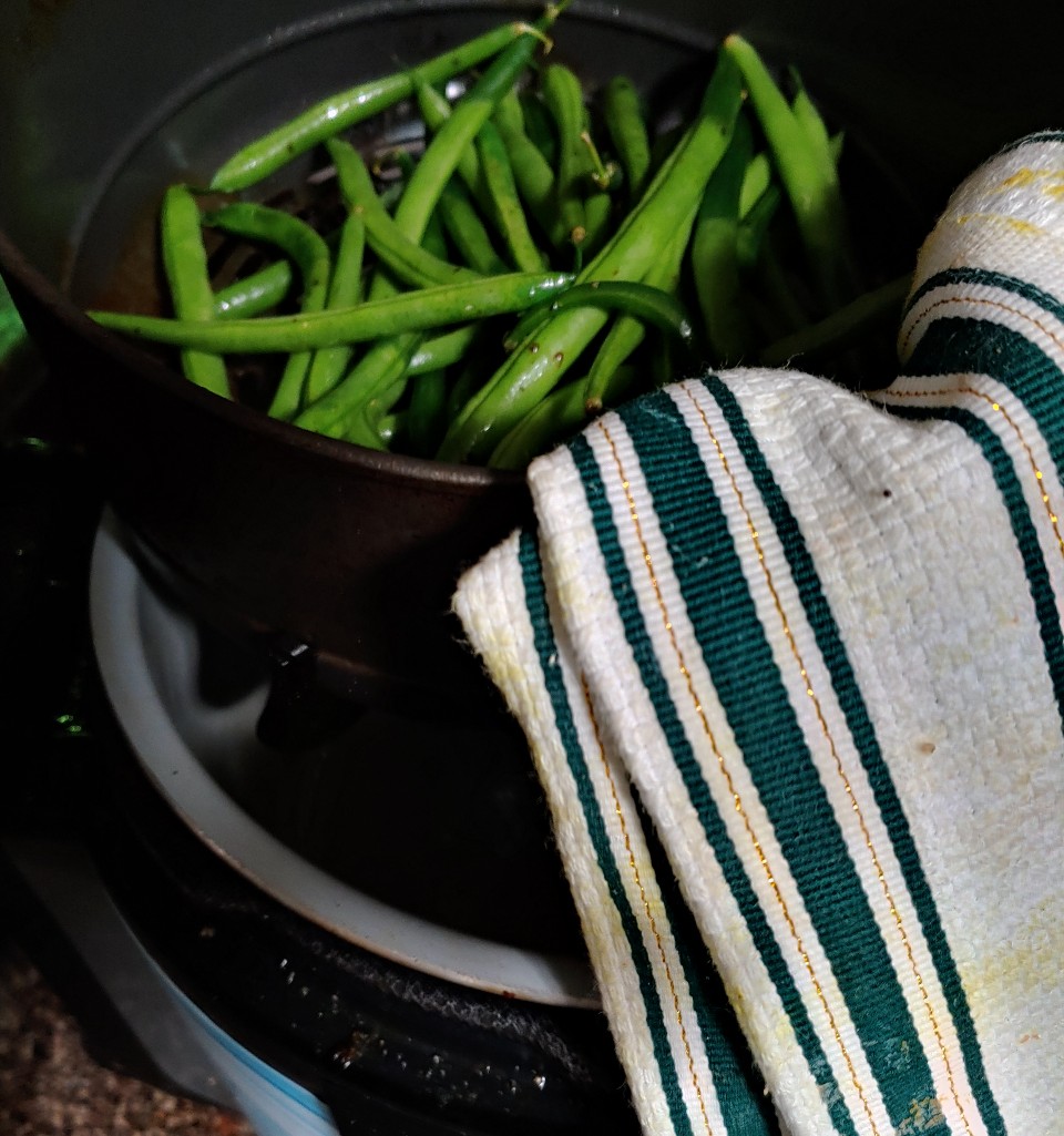 adding basket with green beans back to the ninja foodi pot